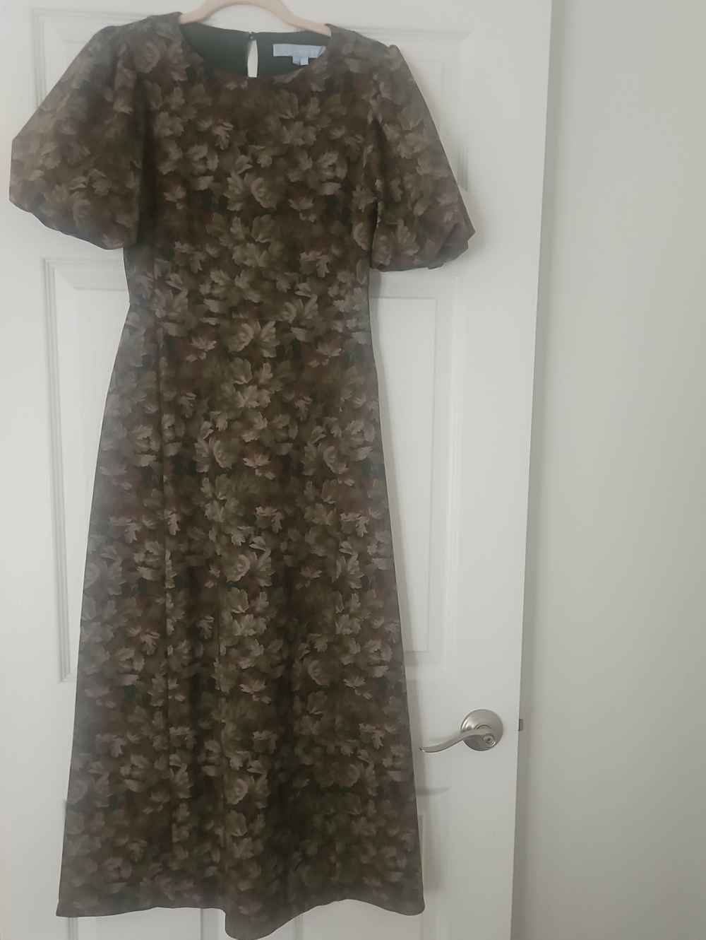 Floral Puff-Sleeve Midi Dress in Olive Green Hill House